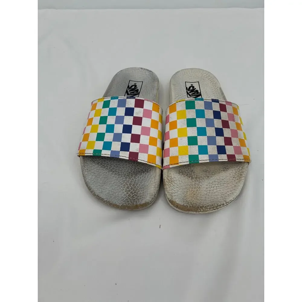 Vans Rainbow Checkered White Slides Sandals Play Condition 3.0 youth